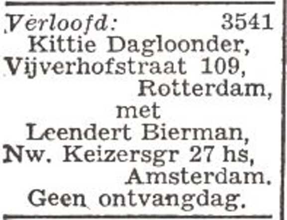 Vermelding van de verloving van Leendert Bierman en Kaatje (Kittie) Dagloonder
