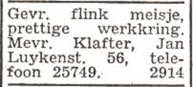 Advertentie van het gezin Jakob Josef Klafter
