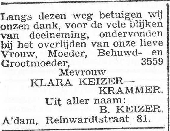 Dankbetuiging van de familie Keizer