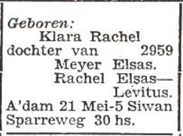 Vermelding van de geboorte van Klara Rachel Elsas