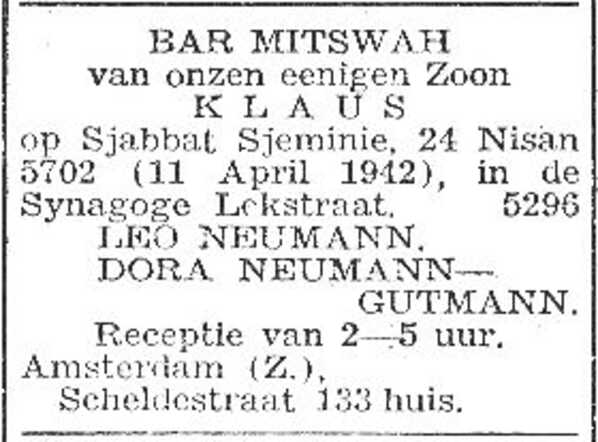 Aankondiging van de bar mitswa van Klaus Neumann