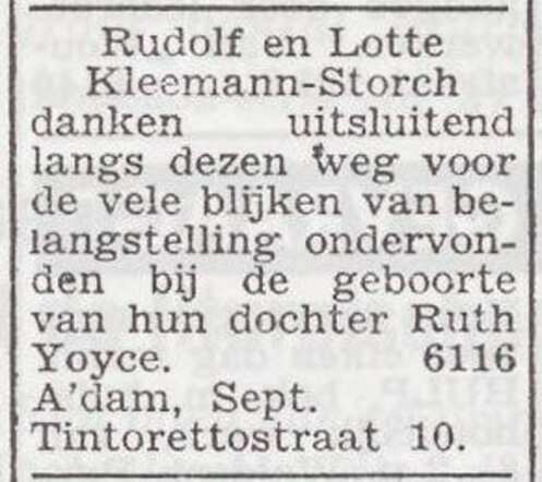 Dankbetuiging van Rudolf en Lotte Kleemann-Storch