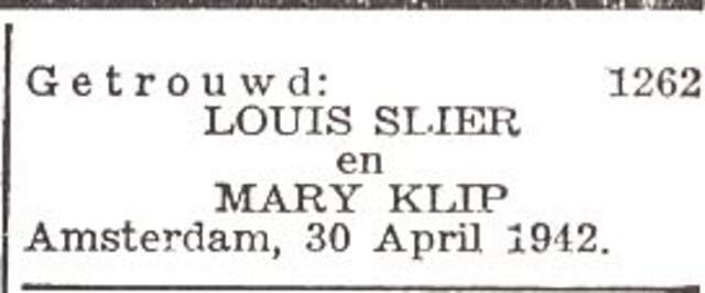 Vermelding van de huwelijkssluiting van Louis Slier en Maria Klieb