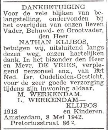 Dankbetuiging van de familie Werkendam-Klijbos