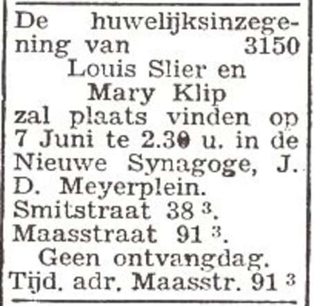 Aankondiging van de huwelijksinzegening van Louis Slier en Maria Klieb