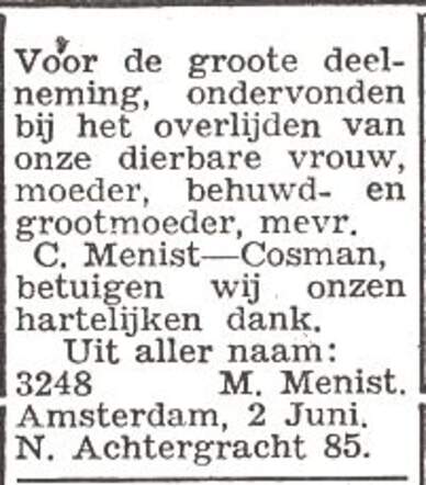 Dankbetuiging van de familie Meijer Menist