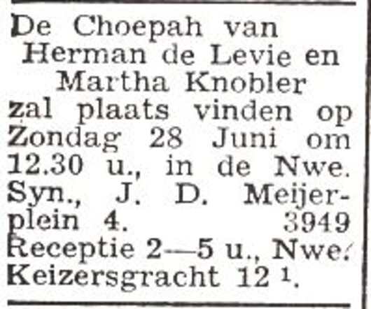 Aankondiging van de huwelijksinzegening van Martha Knobler en Herman de Levie