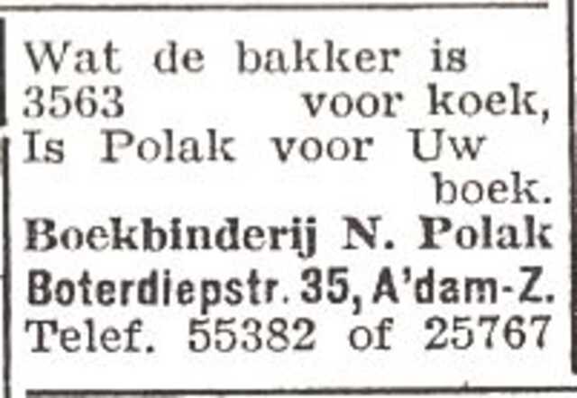 Advertentie van boekbinder Nathan Polak