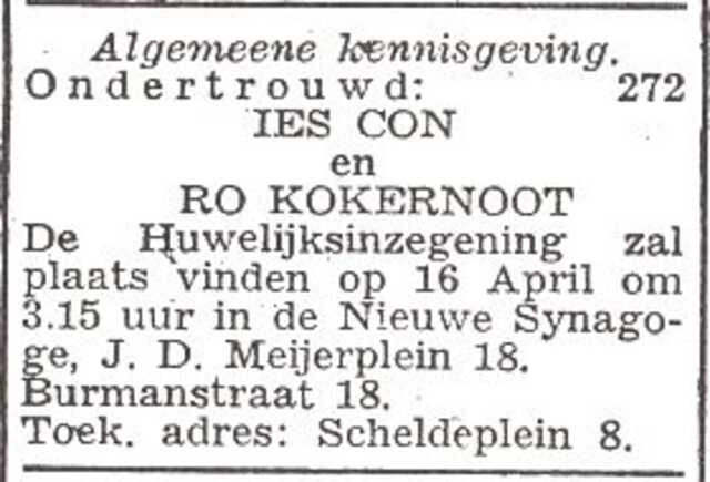 Aankondiging van de huwelijksinzegening van Israël Hijman Con en Roza Kokernoot