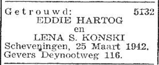 Bekendmaking huwelijk van Emanuel (Eddie) Hartog en Lina Konski