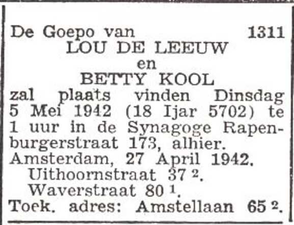Aankondiging van de huwelijksinzegening van Louis de Leeuw en Elisabeth Rachel Kool