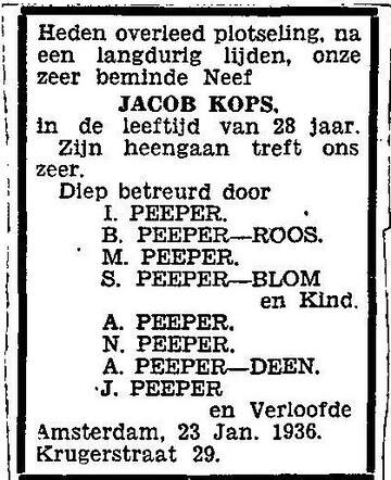 Diep betreurd om het overlijden van neef Jacob Kops.