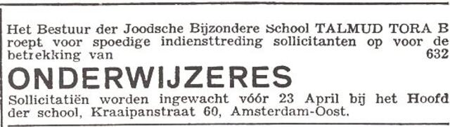 Personeelsadvertentie van het hoofd der school, Elias van Tijn