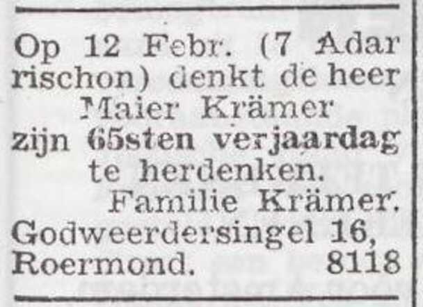 Aankondiging van de viering van de 65ste verjaardag van Maier Krämer