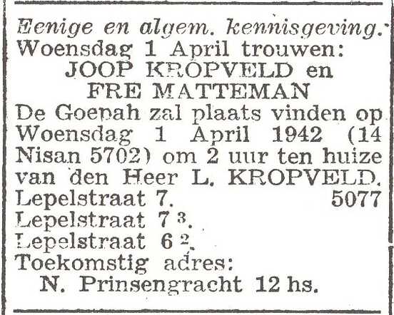 Aankondiging van de huwelijksinzegening van Joop Kropveld en Frederica Matteman