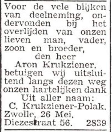 Dankbetuiging van de familie Krukziener-Polak