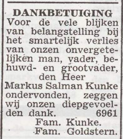 Dankbetuiging van de families Kunke en Goldstern