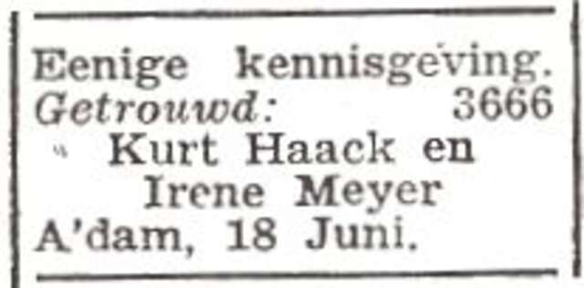Vermelding van de huwelijkssluiting van Kurt Haack en Irene Meyer