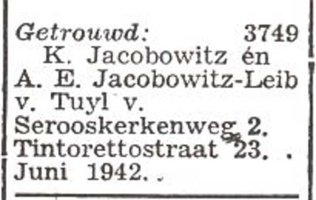 Vermelding van de huwelijkssluiting van Kurt Jacobowitz en Alice Eva Leib