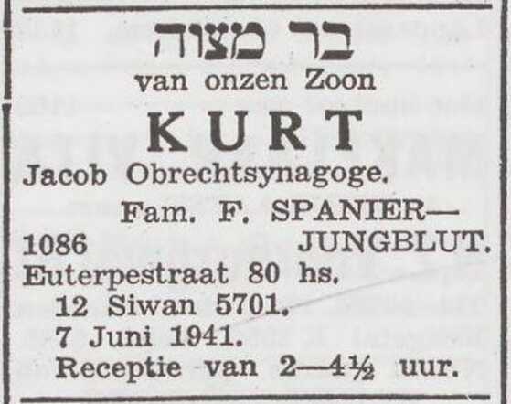 Aankondiging van de bar mitswa van Kurt Spanier