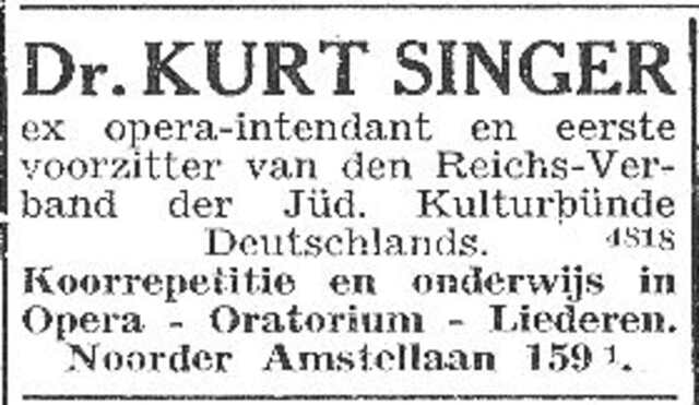Advertentie van dr. Kurt (Bernhard Curt) Singer