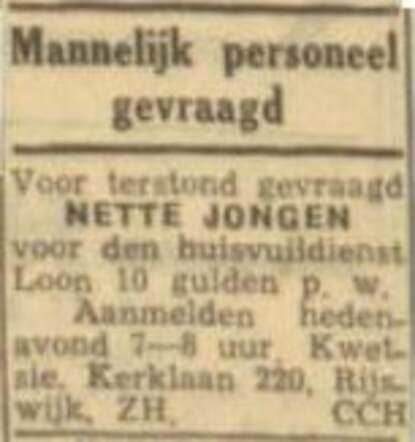 Advertentie Kwetsie, Kerklaan 220, Rijswijk.