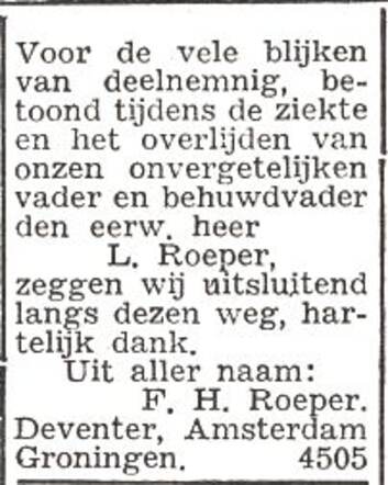 Dankbetuiging van de familie Roeper