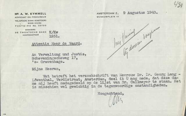 Verklaring dat het echtpaar Lang-Loewenthal op de Calmeyer-lijst staat