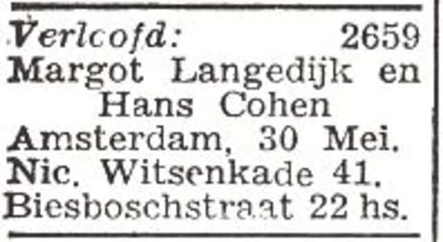 Vermelding van de verloving van Johan Cohen en Margot Regina Langedijk