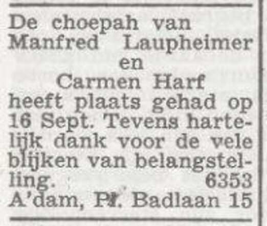 Bekendmaking van de huwelijksinzegening van Manfred Laupheimer en Carmen Harf