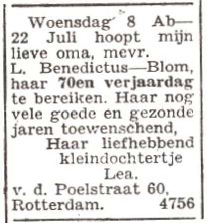Gelukwens voor de 70ste verjaardag van oma Leentje Benedictus-Blom