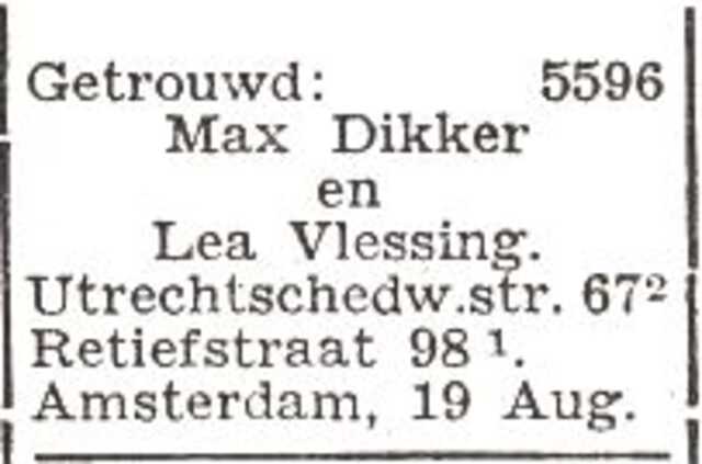 Bekendmaking van het huwelijk van Max Dikker en Lea Vlessing