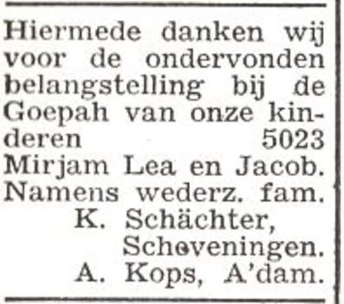 Dankbetuiging van de families K. Schächter en A. Kops