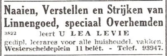 Advertentie van lerares Lea Levie