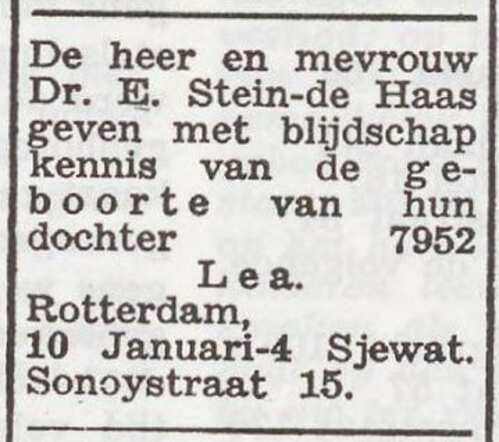 Mededeling van de geboorte van Lea Stein