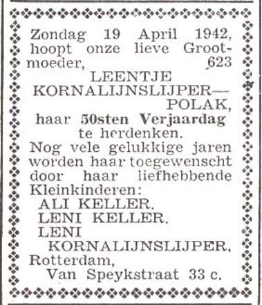 Aankondiging van de viering van de 50ste verjaardag van Leentje Kornalijnslijper-Polak