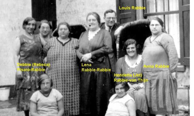Leentje Rabbie-Rabbie en haar dochter Henriette van Thijn-Rabbie, temidden van familieleden uit Londen