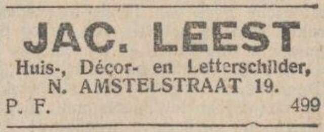 Advertentie geplaatst door schilder Jacob Leest.