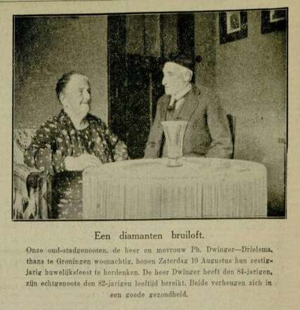 Leeuwarder Courant, 8 augustus 1935, dag, pag. 9. Echtpaar Ph. Dwinger-Drielsma - een diamanten bruiloft.