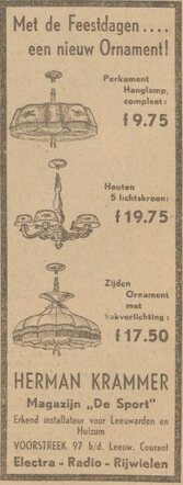 Leeuwarder Nieuwsblad, goedkoop adv. blad,  8 mei 1940, dag, pag. 7. Adv. Heiman (Herman) Krammer.