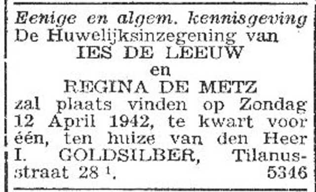 Aankondiging huwelijk van Regina de Metz en Isaac de Leeuw
