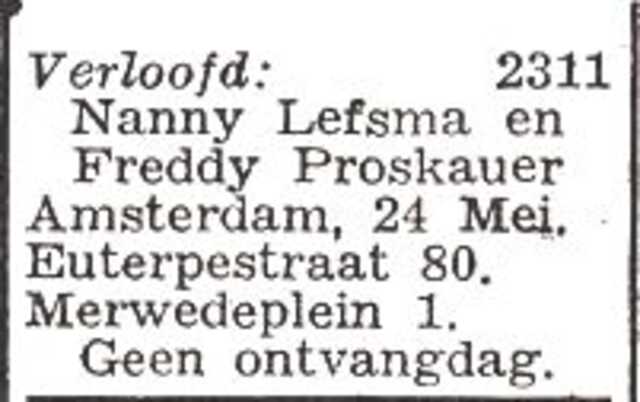 Vermelding van de verloving van Alfred Richard Proskauer en Nanny Lefsma