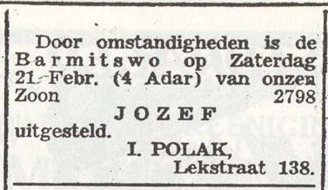 Vermelding uitstel van bar mitswa van Jozef Polak