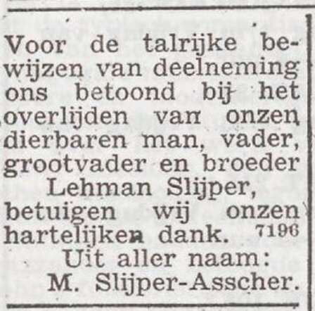 Dankbetuiging van de familie Slijper