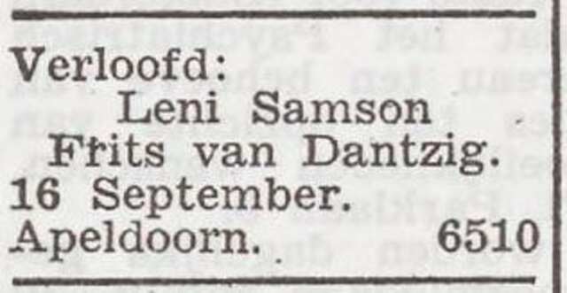 Bekendmaking van de verloving van Lena Samson en Frits van Dantzig