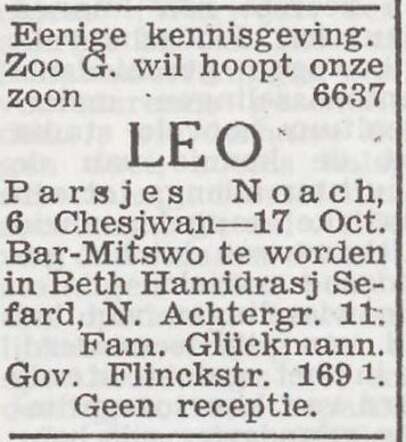 Aankondiging van de bar mitswa van Leo Glückmann