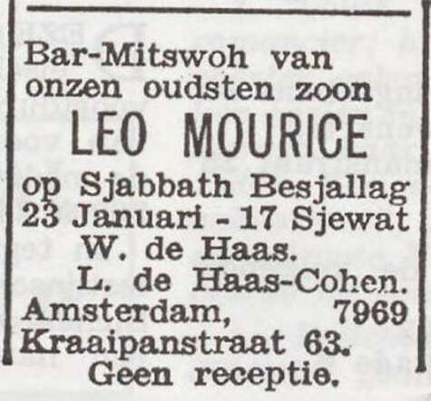 Aankondiging van de bar mitswa van Leo Maurice de Haas