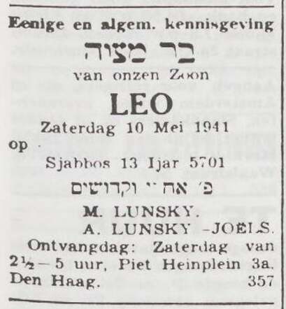 Aankondiging van de bar mitswa van Leo Lunski
