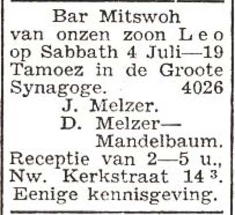 Aankondiging van de bar mitswa van Leo Melzer