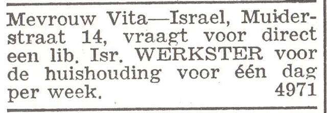 Advertentie van mw. Leonore Fanny Frederika Vita Israel-Jacobs